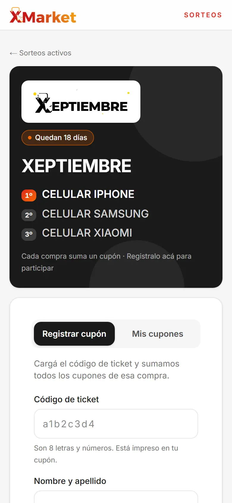 Página pública del sorteo: premios y registro del cupón paso a paso