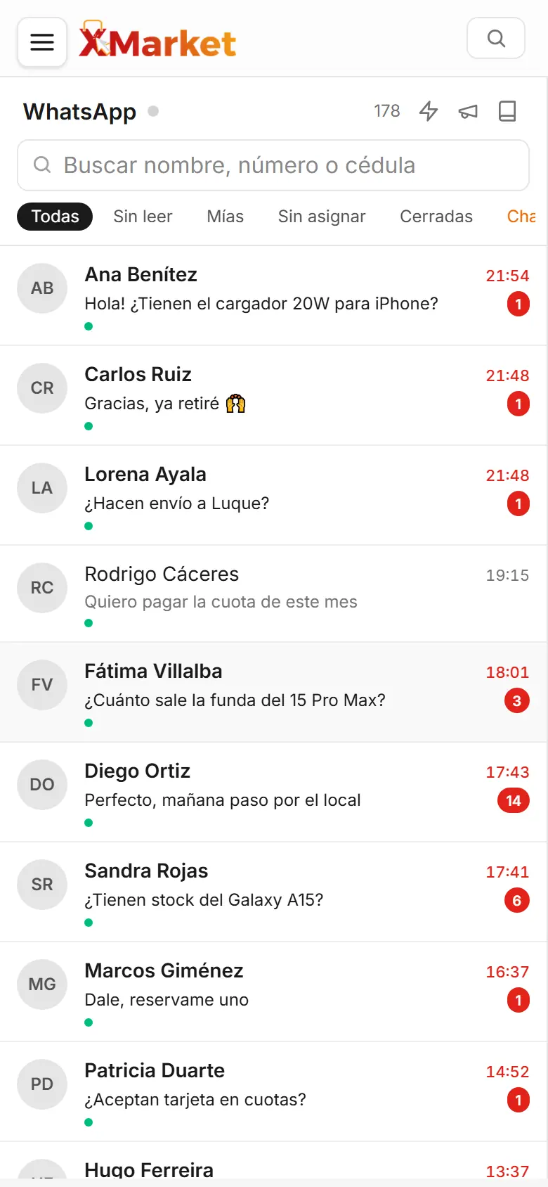 Inbox de WhatsApp dentro del sistema, con conversaciones y filtros